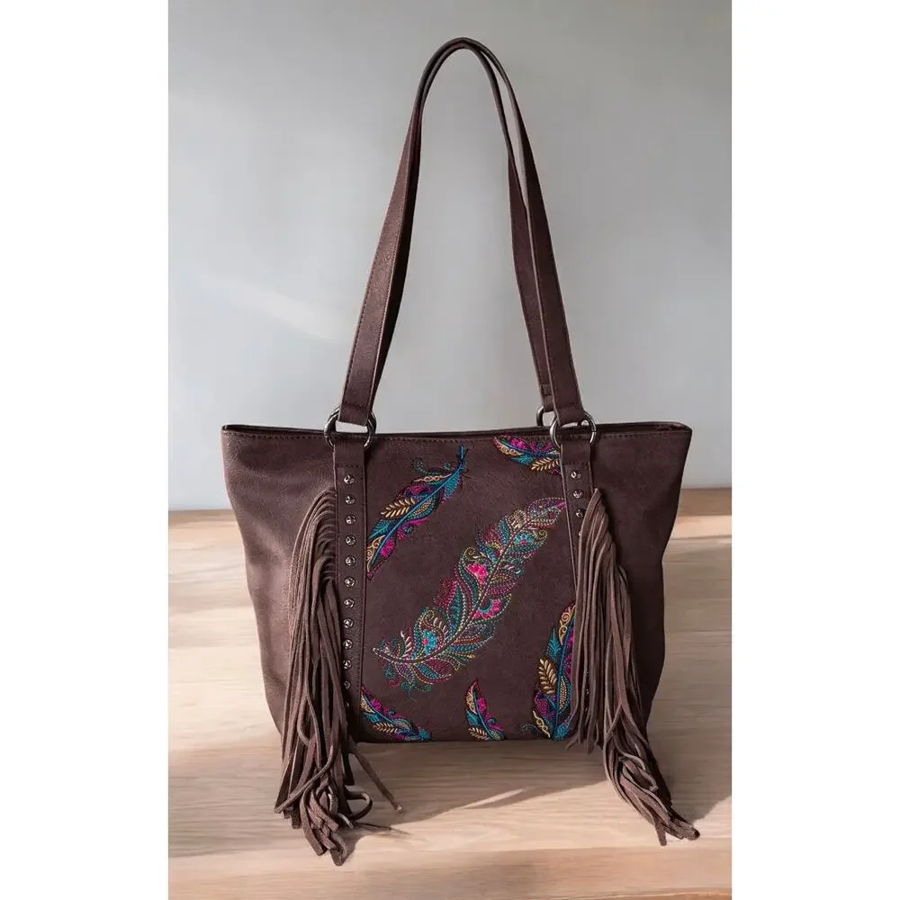 NWT—Montana West Brown Fringe Tote with Multicolor Embroidered Feathers